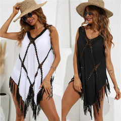 Beach Cover Ups For Women Fringe Tunic 2025 Swim Cover Up White Black Tunics Woman Summer Dress Women's Swimwear Cover-ups