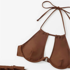 Braunes Bikini-Set mit hohem Bund, Neckholder, sexy Badeanzug für Damen, Push-up-Bikini mit Cut-Outs, Modell 2024