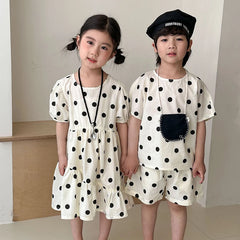 Trendy Children's Summer Clothing Boy's Casual Polka Dot T-shirt Set Girl's Sweet Dress Sibling Outfits Kid's Tee & Shorts Suit
