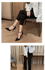 Spring and Autumn High Heel Women 2024 New Versatile Thin Heel Professional L Pointed Black Buckle Strap Single Shoe Women