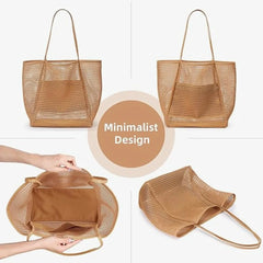 Women's Foldable Beach Tote Bag with Mesh Handheld Single Shoulder Bag for Summer Outdoor Travel Shopping Bag