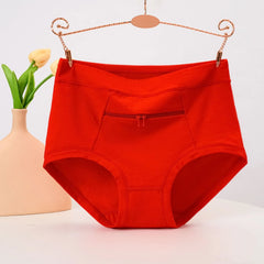 Women Underwear Anti-theft Zipper Pocket High Waist Stretch Breathable Cotton Middle-aged Mom Grandma Brief Panties Underpants