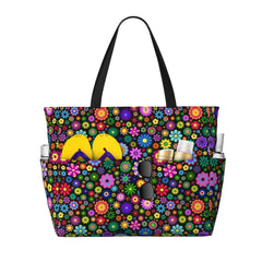 Hippie Flowers Large Beach Tote Bag Women Waterproof Sandproof Zipper Beach Tote Bags for Pool Gym Grocery Travel