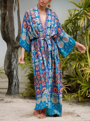 Vintage Chic Women Multi Floral Print Bohemian Kimono Robe Ladies V Neck Batwing Sleeves Boho Maxi Dress Bikini Cover-ups
