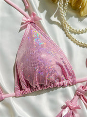 Glänzender pinkfarbener Bikini, extrem trägerloser rückenfreier Badeanzug mit Push-up-Effekt, Kawaii-Schleife, Urlaubsbademode, Damen-Mikro-Tangas, Strandbadeanzug