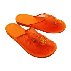 Women Indoor Slippers Sequin Flat Shoes Lady Summer Hollow Mesh Beach Slippers Flip Flops Casual Baotou Creative Flower Mesh