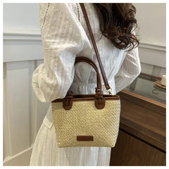 תיק כתף קש קלוע לנשים לחופשת קיץ וחוף הים, בעיצוב פשוט ליום-יום, תיק דלי קטן לנשים, מתאים לנסיעות, תיק קרוסבודי