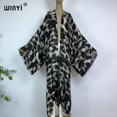 WINYI kimono summer leopard print vestidos Bikini Cover-up Elegant Cardigan sexy Holiday maxi beach swimsuit evening party dress