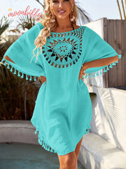 Women Off Shoulder Loose Beach Smock Casual Holiday Sexy Style Cut Out Tassel Beach Smock Women Summer Beach Smock