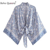 Boho Queens Porzellan-Blumen-Strandkimono, kurzer Morgenmantel, Damenmode, Fledermausärmel, Viskose, Bohemian-Bikini-Cover-Ups, Strandbekleidung