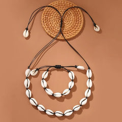 2pcs Fashion handmade Braided Shell Necklace Bracelet Jewelry Set for Women Bohemian Beach Resort style Vocation Jewelry Gift