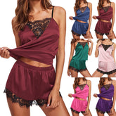 Sleepwear Hollow Out Women Lace Satin Pajamas Set Nightwear Vest Top Shorts Pajama Satin Silk Camisole Underwear Нижнее Белье