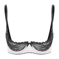 Womens Sexy Contrast Lingerie Half Cup Lace Push Up Balconette Bra Tops Adjustable Spaghetti Straps Underwire Bralette Underwear