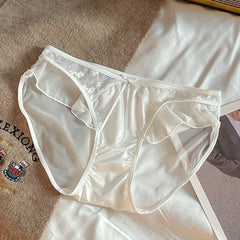 Women Ruffle Edge Sexy Lace Mesh Satin Transparent Underwear Thin Breathable High Elasticity Low Waist Seamless Panties Breifs