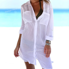 Beach Cover Up Women Bikini Pocket Swimsuit Cover Up Hollow Out T-shirt White Bathing Suit Cover-Ups Tunics Beachwear Robe