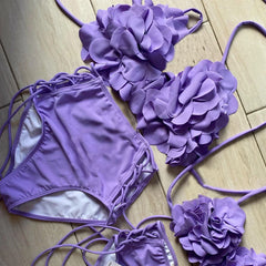 2025 New Summer New Sexy Petal Push Up Backless Bikini Set Women Fashion Flower Ruffles Bikini Lady Solid Beachwear Bathing Suit
