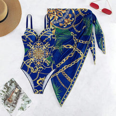 Underwire Women Sexy Swimsuit 2 Piece Swimwear Slim Monokini Chains Print Push Up Bikini Black Blue Green Beachwear Light luxury