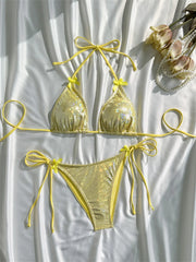 Glänzender pinkfarbener Bikini, extrem trägerloser rückenfreier Badeanzug mit Push-up-Effekt, Kawaii-Schleife, Urlaubsbademode, Damen-Mikro-Tangas, Strandbadeanzug