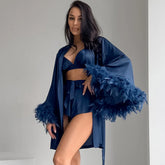 New Underwear Shorts Nightgown Three-piece Set Imitation Silk Home Clothes Spring Satin Feather Pajamas Women
