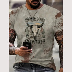 Vintage Cowboy Men's T Shirt Summer Casual Short Sleeve Fashion Streetwear Pattern Print Male Overszied Clothing O Neck Pullover