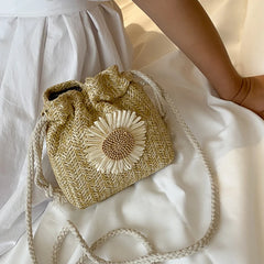 קיץ חוף פרח כתף תיקי תיקי קש לארוג דלי תיק ראטאן נשים טוטס מזדמן תיק רטרו מיני כתף תיק