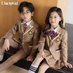 Boys School Uniform Girls Jacket Khaki Skirt Shirt Tie Suits Kids Formal Dress Tuxedo Toddler Clothes Sets Child Student Outfits