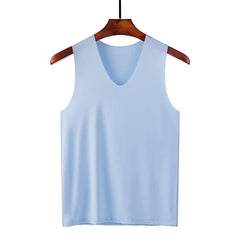 Male Summer Ice Silk T-Shirts Sleeveless V-Neck Vest Tank Top Breathable Cool Sports Undershirt Casual Gyms Running Vest M-5XL