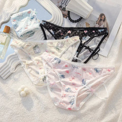 Niedliche Unterwäsche mit Katzenprint für Damen, niedrige Taille, Spitze, Schleife, atmungsaktiv, nahtloser Baumwollzwickel, Dessous