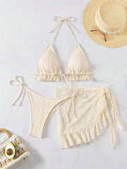 Sexy Coffee Bikini 2025 Women Ruffles Push Up Bra Triangle Swimsuit Summer Bathing Suit Mesh Skirt 3 Piece Swimwear Biquini