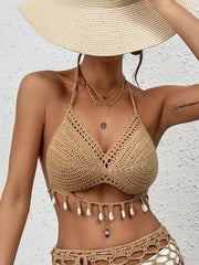 Crochet Swimsuit Shell Tassel Bikini Swimsuit Hollow Out Binding Rope Summer Holiday Sunbathing Knit Beach Bra Halter Bikini Top
