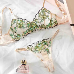 Sexy Lingerie Set Women Lace Embroidery Flowers Fairy Seamless Underwear Transparent Bra Thong See Through Exotic Bra Brief Sets