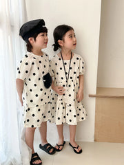 Trendy Children's Summer Clothing Boy's Casual Polka Dot T-shirt Set Girl's Sweet Dress Sibling Outfits Kid's Tee & Shorts Suit