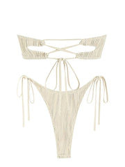 ZAFUL Tie Side Bandeau Tanga Bikini Set Two Piece Swimwear Solid Color Swimsuit With Strapless Padded Bikini Top Lace Up Back