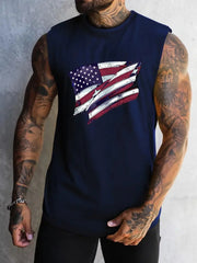 Summer Men's Simple American Flag Printed Sleeveless Round Neck Vest Daily Sports Fitness Fashion Sleeveless Clothing S-5XL