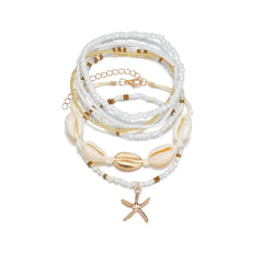 Boho Muschel-Seestern-Fußkettchen-Sets für Damen, Reisperlenkette, elastisches Seil, Strand-Sommer-Fußaccessoires-Armband