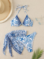 3 Piece Swimsuit For Women Floral Printed Bikinis Underwire Push Up Bikinis Set Swimwear with Beach Skirts Cover Ups Mini Dress