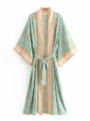 Bohemian Printed Bikini Cover-ups Green Tunic Long Kimono Cardigan Plus Size 2023 Women Beach Wear Swim Suit Cover Up A155