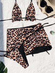 Double sided wearable Swimsuit No pads 2025 Summer 3pcs Set Leopard female Swimsuit Top Bottom bikinis Cover Ups Tong Biquinis