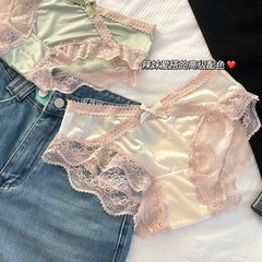 French Sexy Lace Satin Underwear for Women Low Waist Thin Mesh Hollow Out Bow Panties Sweet Girl Breathable Cotton Crotch Briefs