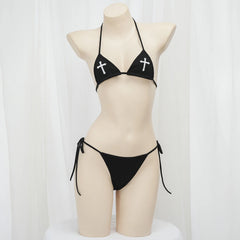 Sexy Bikini 2024 Women Cross Embroidery Split Bathing Suit Underwear Lingerie Goth Swimsuit Low Waist Bikinis Beach Swimwear