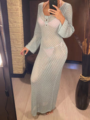 3D Flowers Long Sleeve V Neck Crochet Knitted Long Dresses Bikini Cover Up Cover-ups Beach Dress Backless Beachwear Women V6156