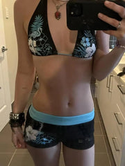 2025 New Chic Split Bathing Suit Y2k Vintage Flower Pattern Bikini Set Swimsuit Women Halter Triangle Lace Up Shorts Sexy Bikini