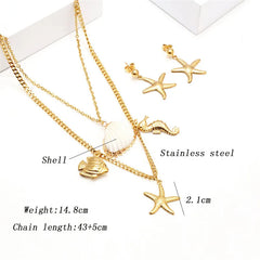 Summer Beach Women Jewelry Double-layer Necklace Earrings Set Accessories Fashion Jewelry Stainless Steel Jewelry Sets