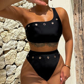 2025 New Hole Swimsuit for Women,solid Color Black Bikini,high Waist Swimwear,single Shoulder Backless Bathing Suit,summer