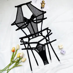 Open Lingerie Set Transparent Lace Up Bandage Exotic Sets Mesh Femme Lingerie Lace Bra Set Women Sexy Lingerie Set