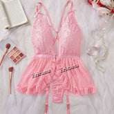 Thin Style Sexy Lingerie Set Contrast Lace Ruffle Trim Lingerie Set Deep V Slip Dress Women's Sexy Lingerie Lencería Mujeres