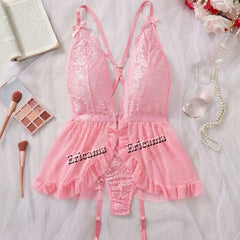 Thin Style Sexy Lingerie Set Contrast Lace Ruffle Trim Lingerie Set Deep V Slip Dress Women's Sexy Lingerie Lencería Mujeres