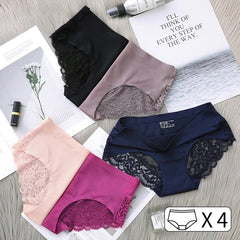 4Pcs Women's Panties Exquisite Lace Underwear Silk Satin Sexy Seamless Girls Lingerie Female Briefs Plus Size Comfort Underpants