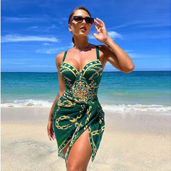 Underwire Women Sexy Swimsuit 2 Piece Swimwear Slim Monokini Chains Print Push Up Bikini Black Blue Green Beachwear Light luxury