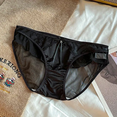 Women Ruffle Edge Sexy Lace Mesh Satin Transparent Underwear Thin Breathable High Elasticity Low Waist Seamless Panties Breifs